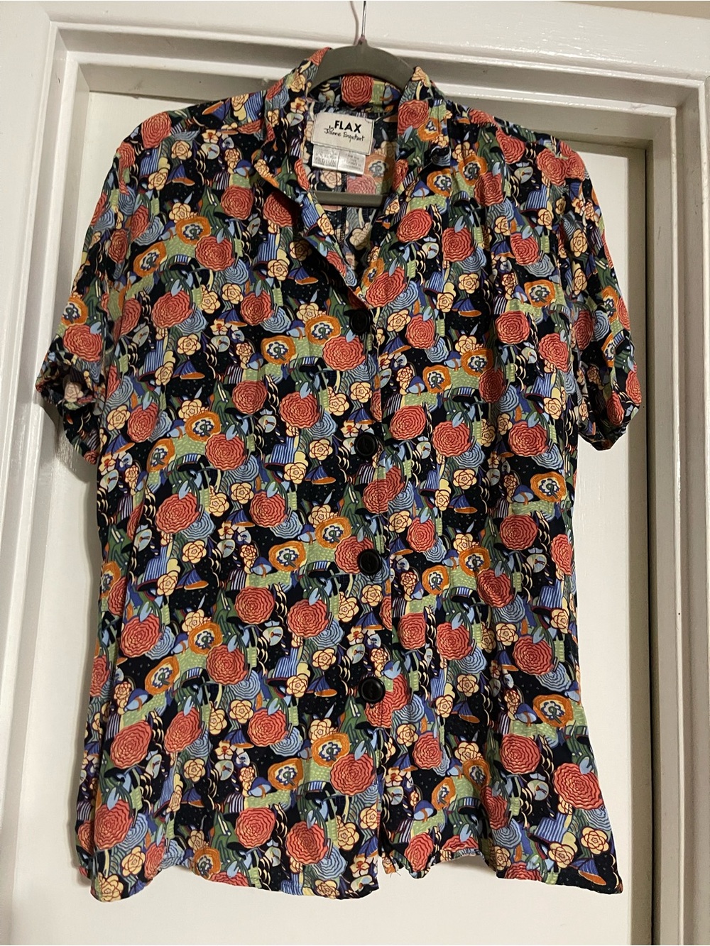Vintage FLAX by Jeanne Engelhart Rayon Floral Blouse Short Sleeve Medium